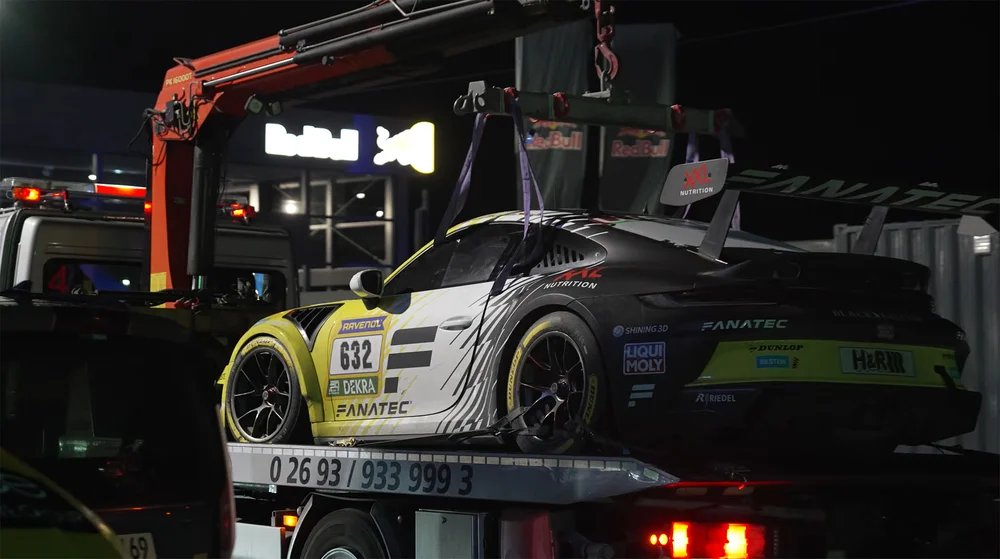 Race-ending damage for the BLACK FALCON Team FANATEC car